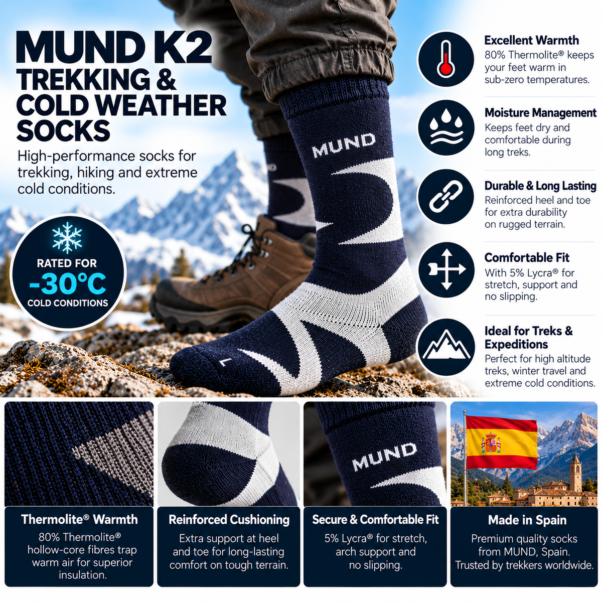 MUND K2 trekking socks salesman graphic rated -30°C, Made in Spain