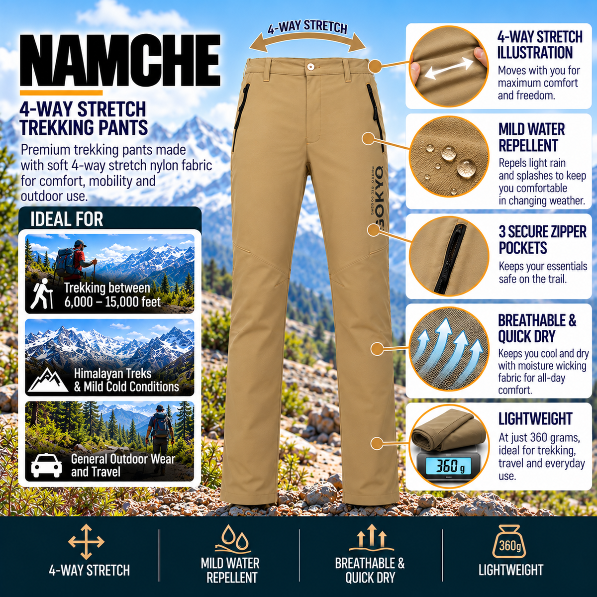 Buy Gokyo Namche 4-Way Stretch Trekking Pants | Mens Trekking & Hiking Pants at Gokyo Outdoor Clothing & Gear