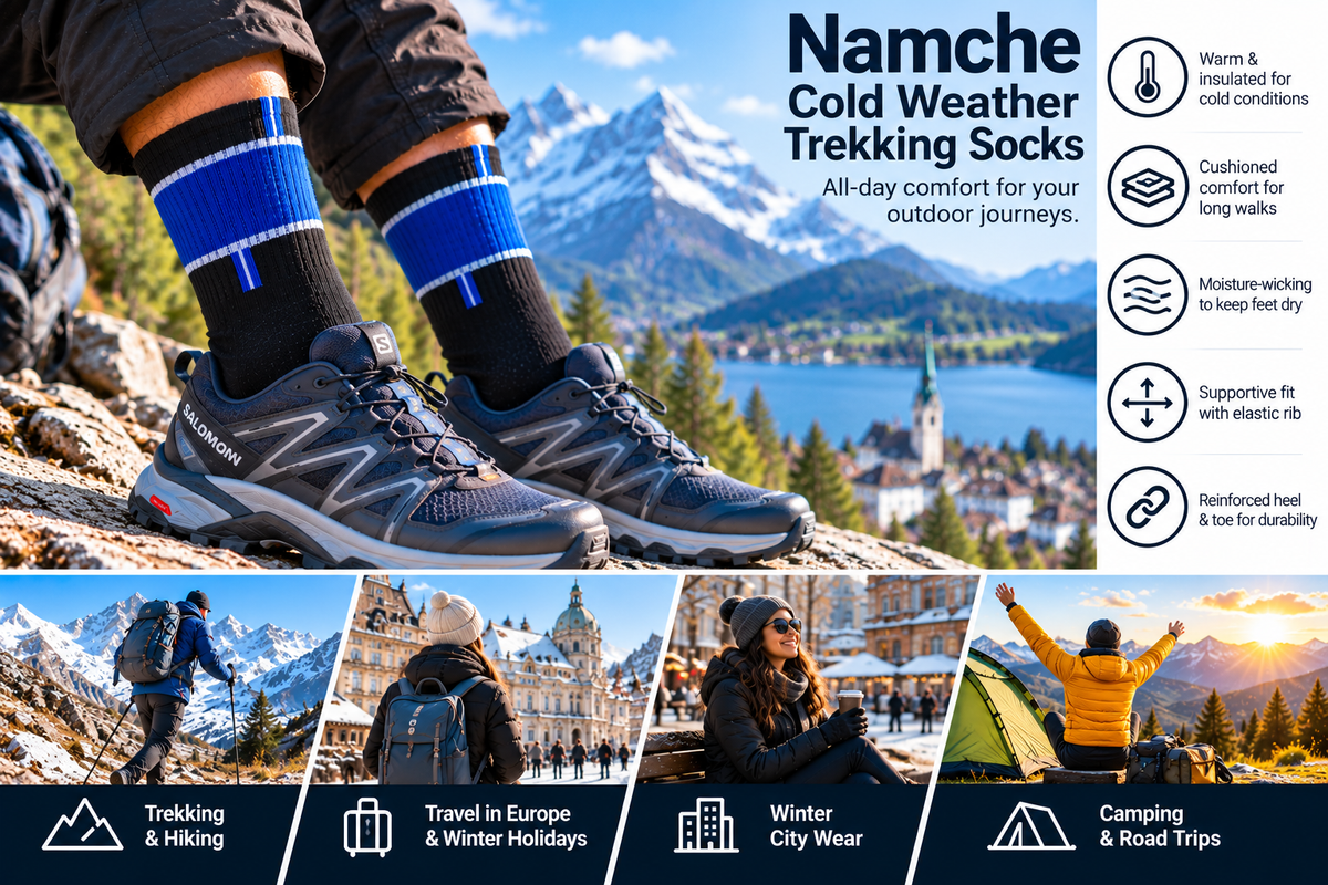 Namche Blue Cold Weather Trekking Socks salesman lifestyle graphic