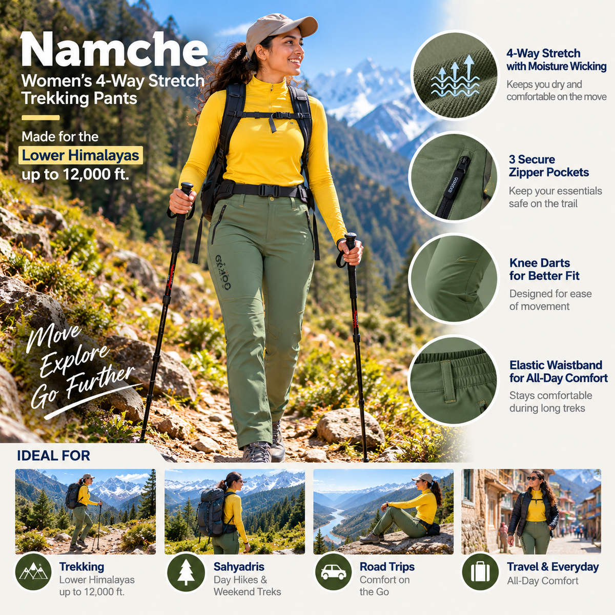 Namche women's olive trekking pants with yellow high neck top in Lower Himalayas