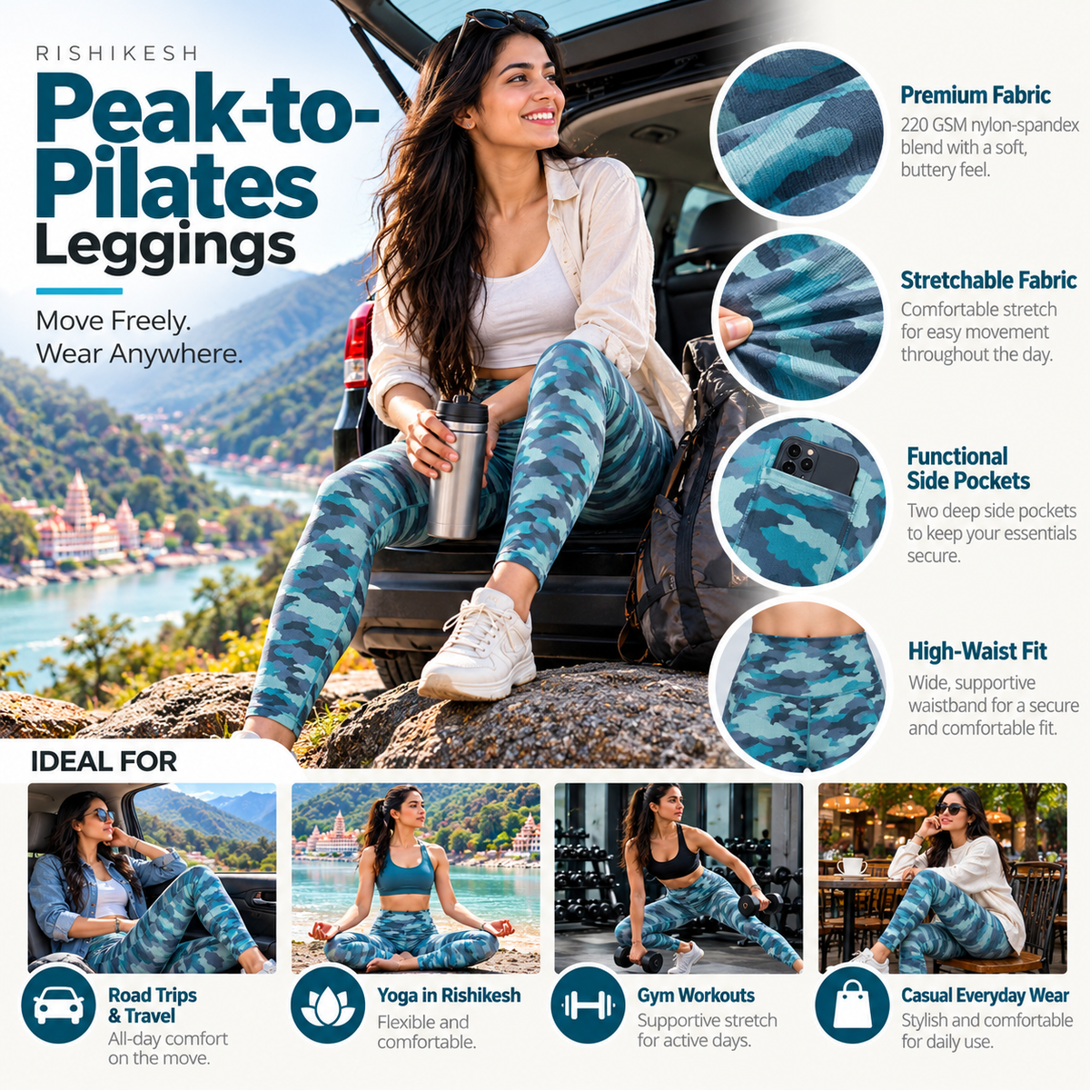 Rishikesh Peak-to-Pilates blue camouflage leggings road trips yoga gym and casual wear lifestyle illustration