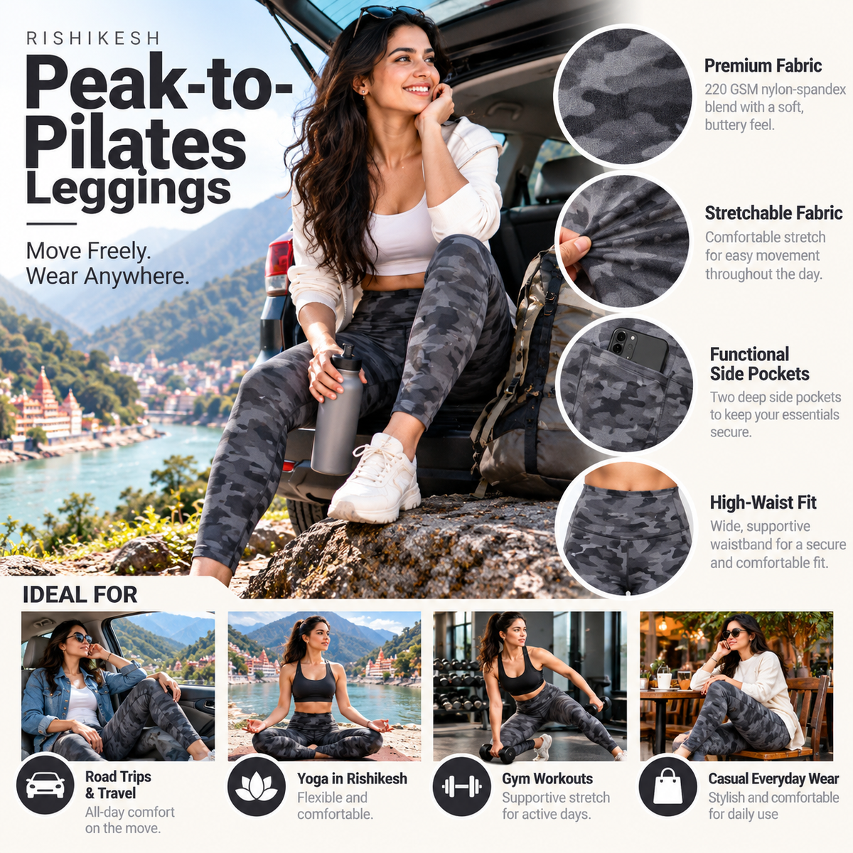 Rishikesh Peak-to-Pilates grey camouflage leggings lifestyle graphic for travel yoga gym and casual wear