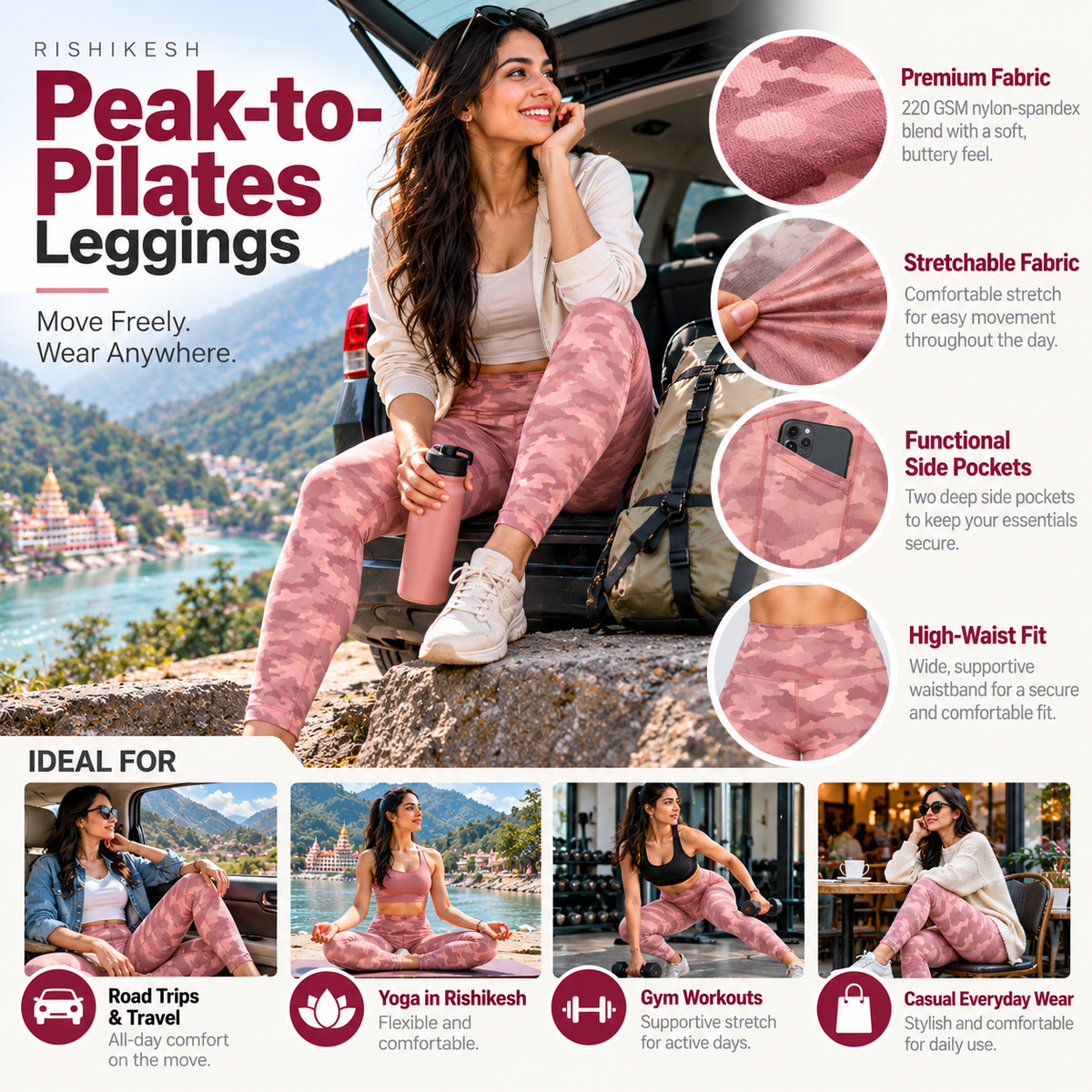 Rishikesh Peak-to-Pilates pink leggings road trips yoga gym and casual wear illustration